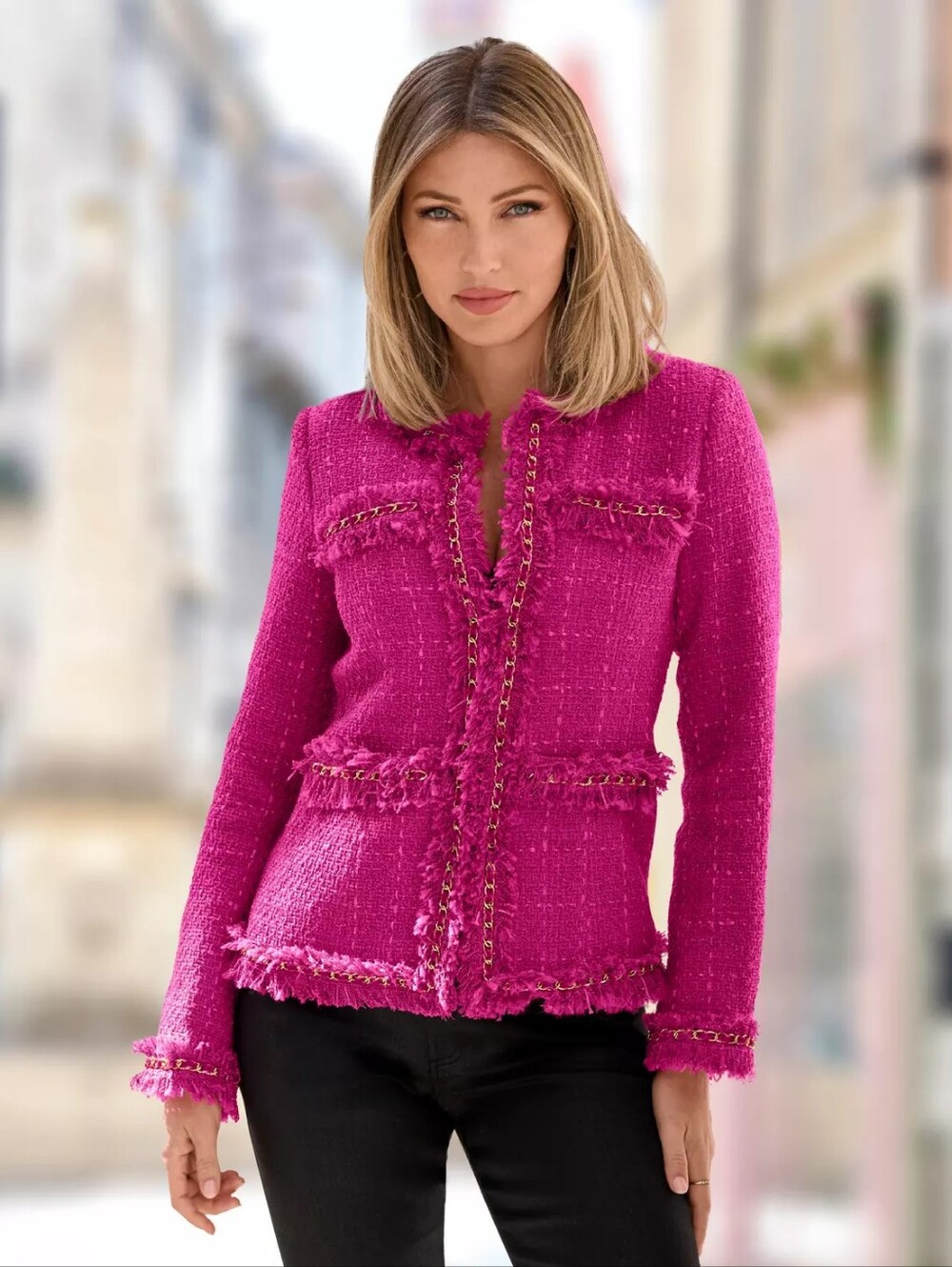Boston Proper Fuchsia Hot Pink Tweed Fringe Parisian Jacket with Gold Chain Trim